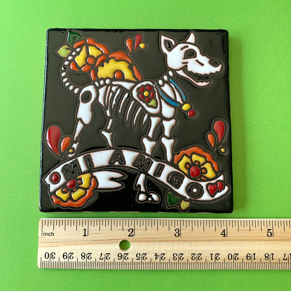 Mi amigo talavera tile with skeleton dog