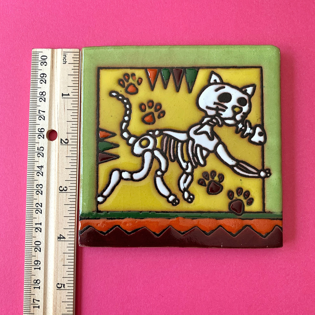 Talavera tile of skeleton cat