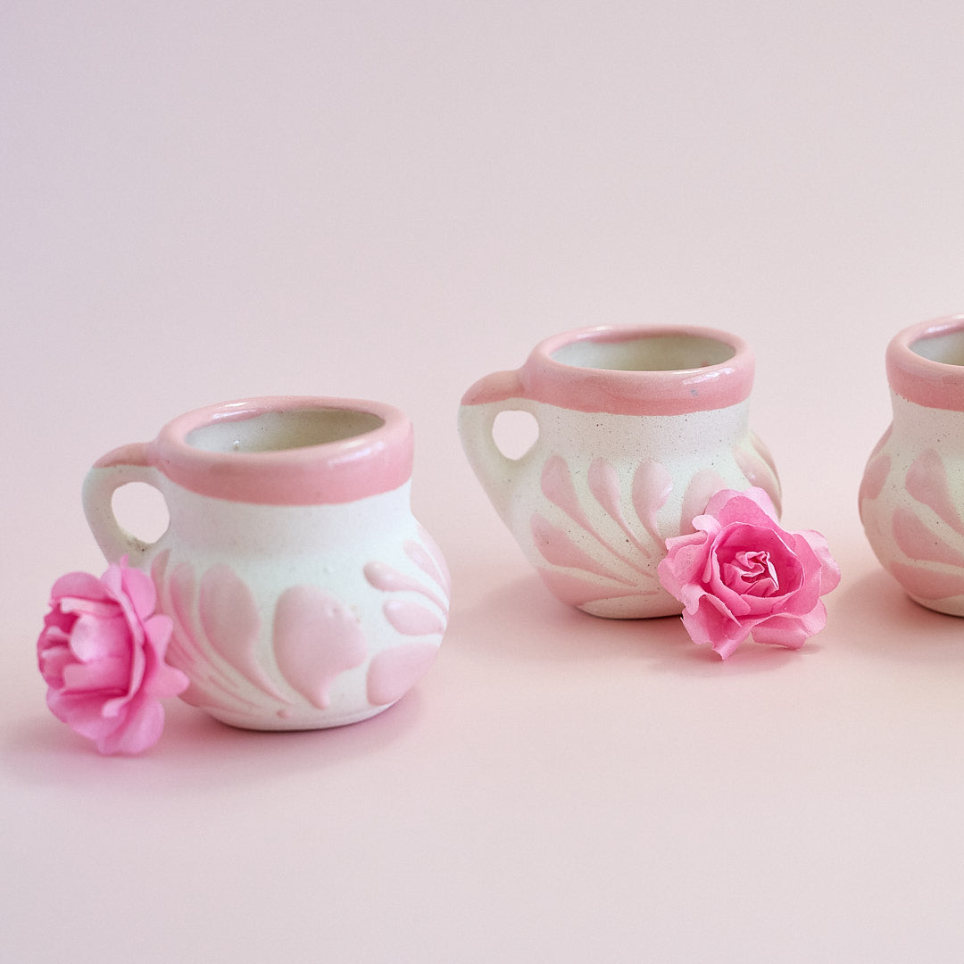 Pink and White Mini Terracotta Mexican Cups with Handle